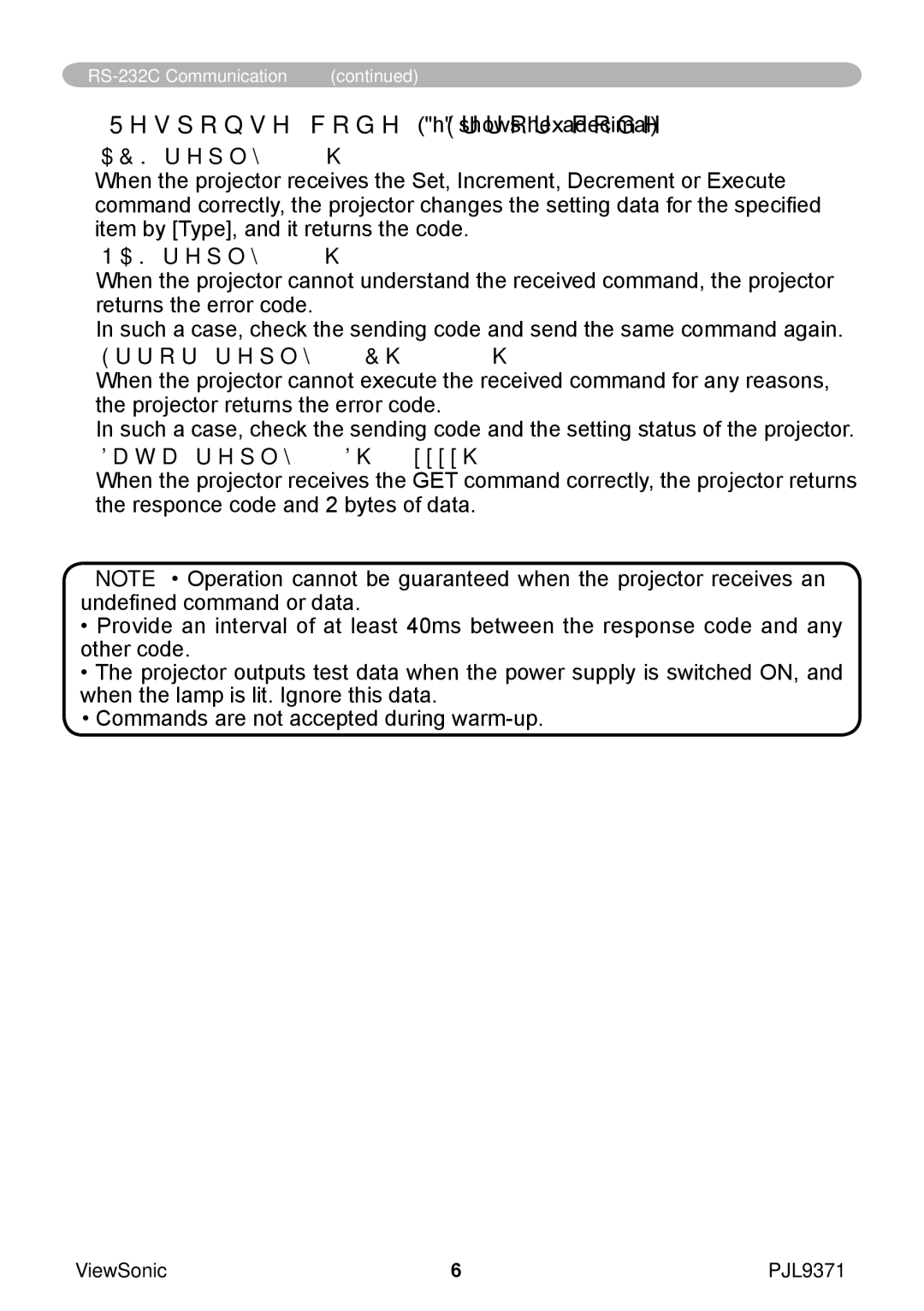 ViewSonic pjl9371 manual ACK reply 06h, NAK reply 15h, Error reply 1Ch + 0000h, Data reply 1Dh + xxxxh 