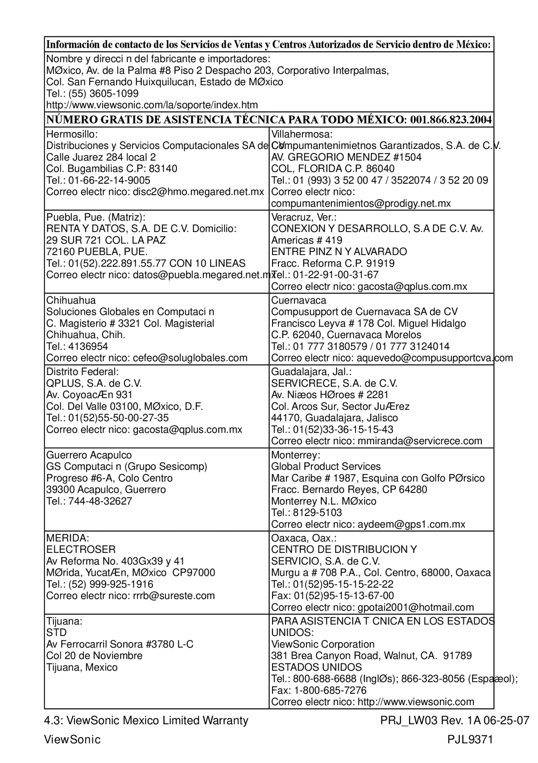 ViewSonic pjl9371 manual Número Gratis DE Asistencia Técnica Para Todo México 