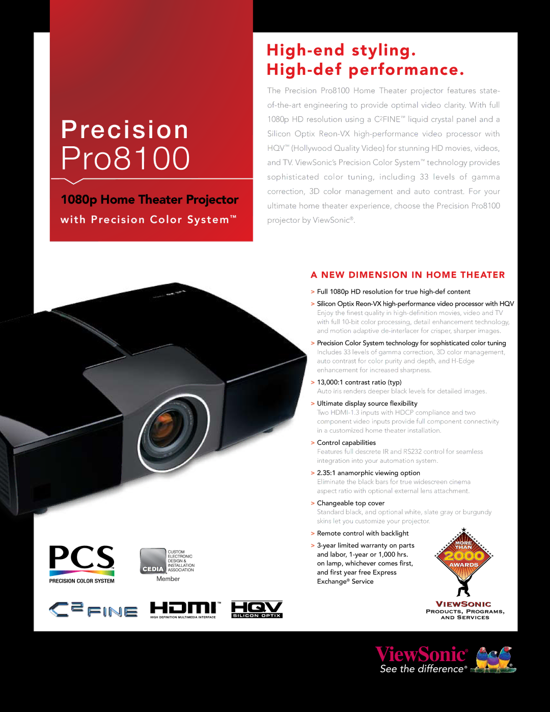 ViewSonic Pro8100 warranty Full 1080p HD resolution for true high-def content, Ultimate display source flexibility 