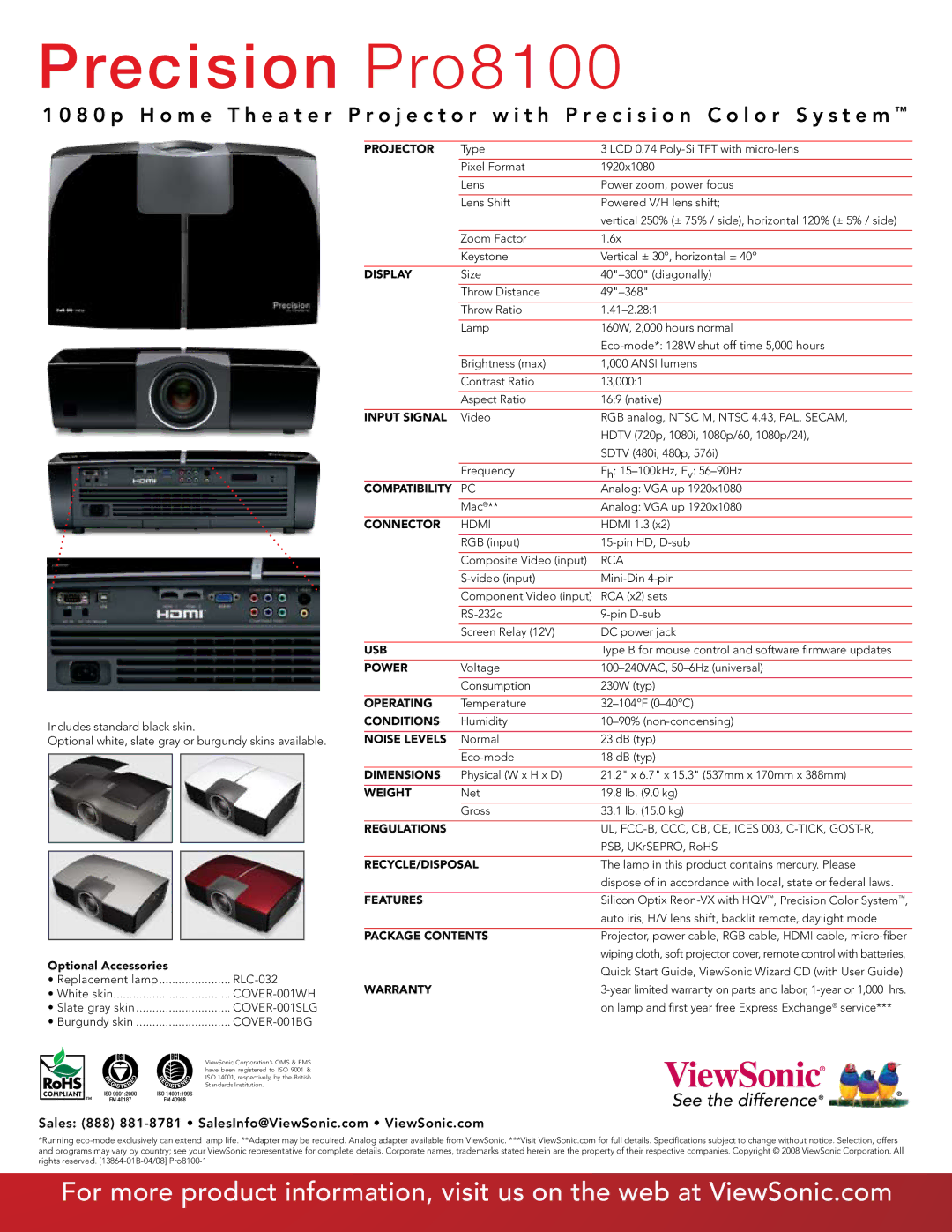 ViewSonic Pro8100 Projector, Display, Input Signal, Compatibility, Connector, Usb, Power, Operating, Conditions, Weight 