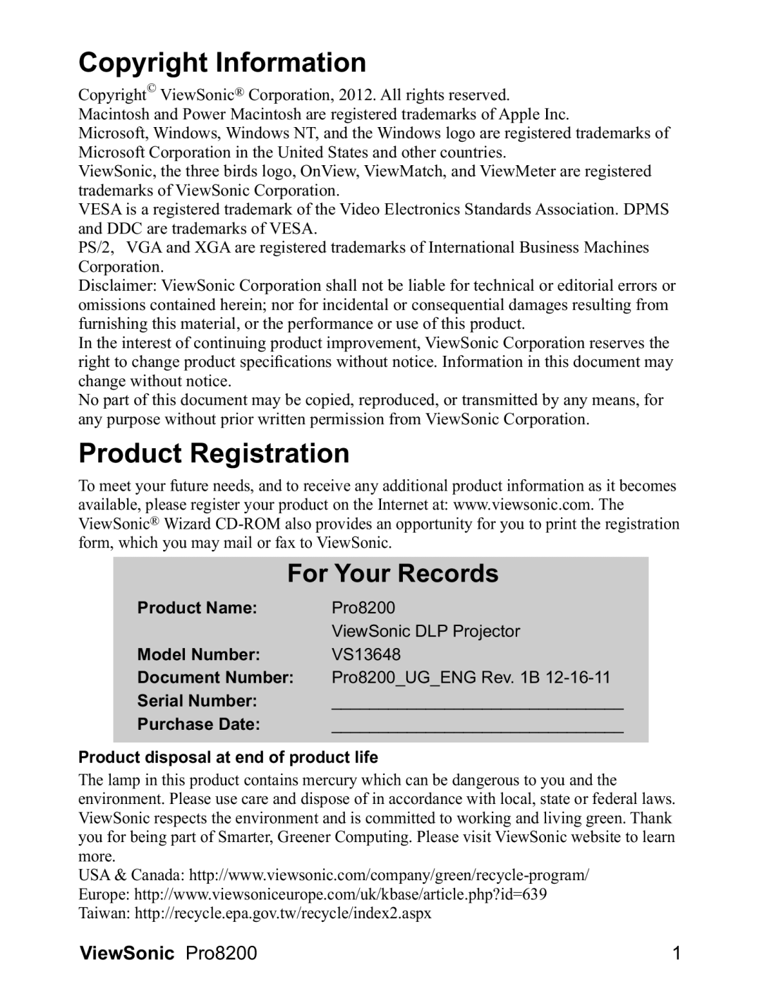 ViewSonic PRO8200 warranty Copyright Information, Product Registration, For Your Records, 9LHZ6RQLFPro8200 