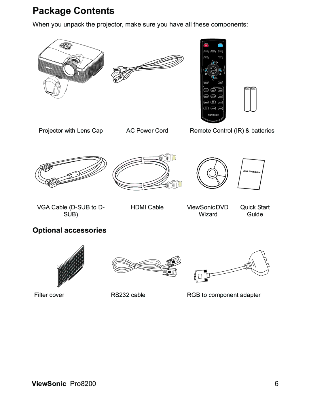 ViewSonic PRO8200 warranty Package Contents 