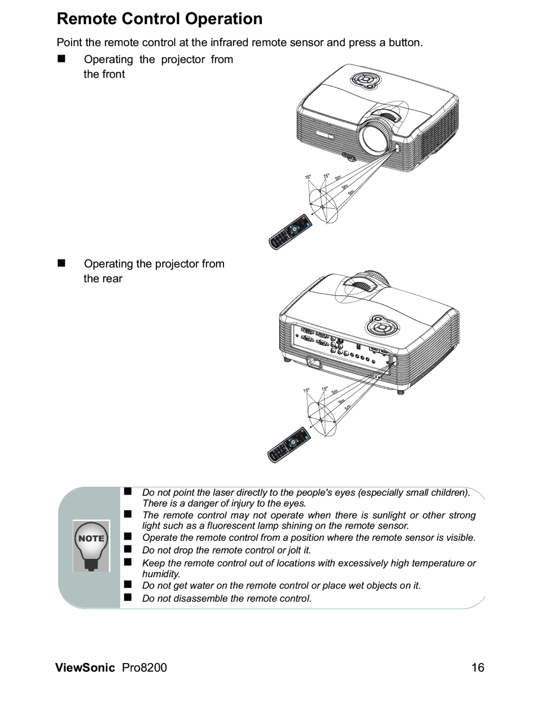 ViewSonic PRO8200 warranty Remote Control Operation 