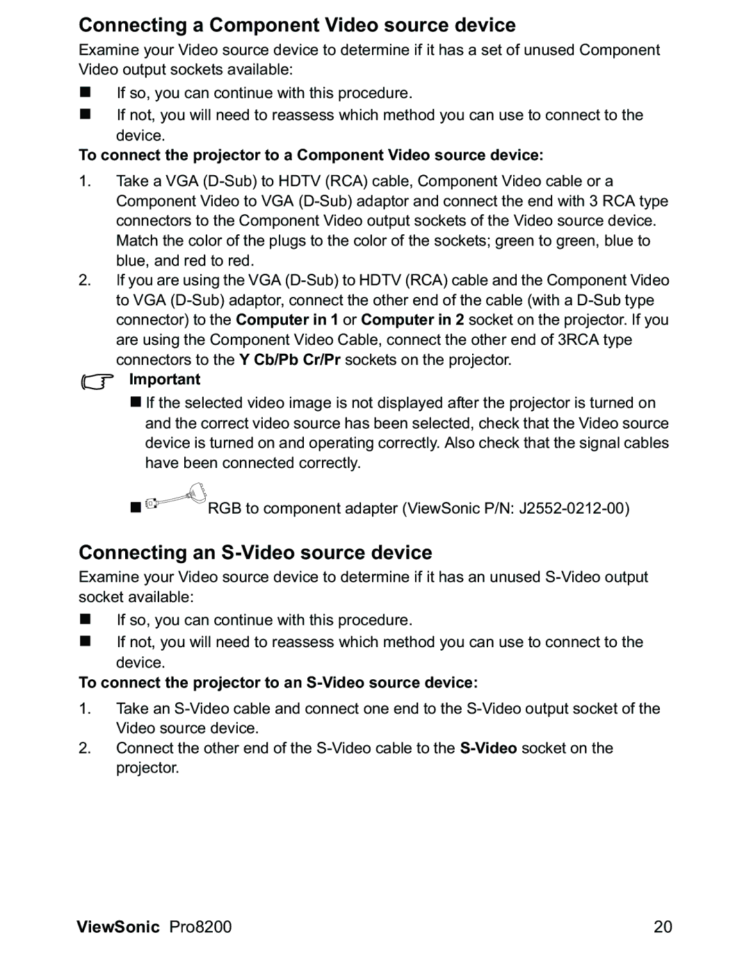ViewSonic PRO8200 warranty Connecting a Component Video source device, Connecting an S-Video source device 