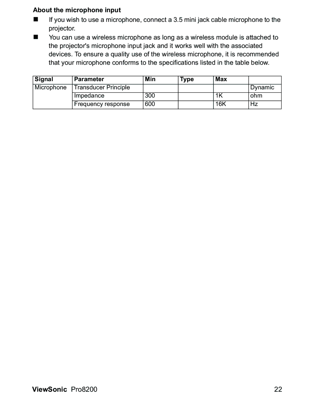 ViewSonic PRO8200 warranty About the microphone input 