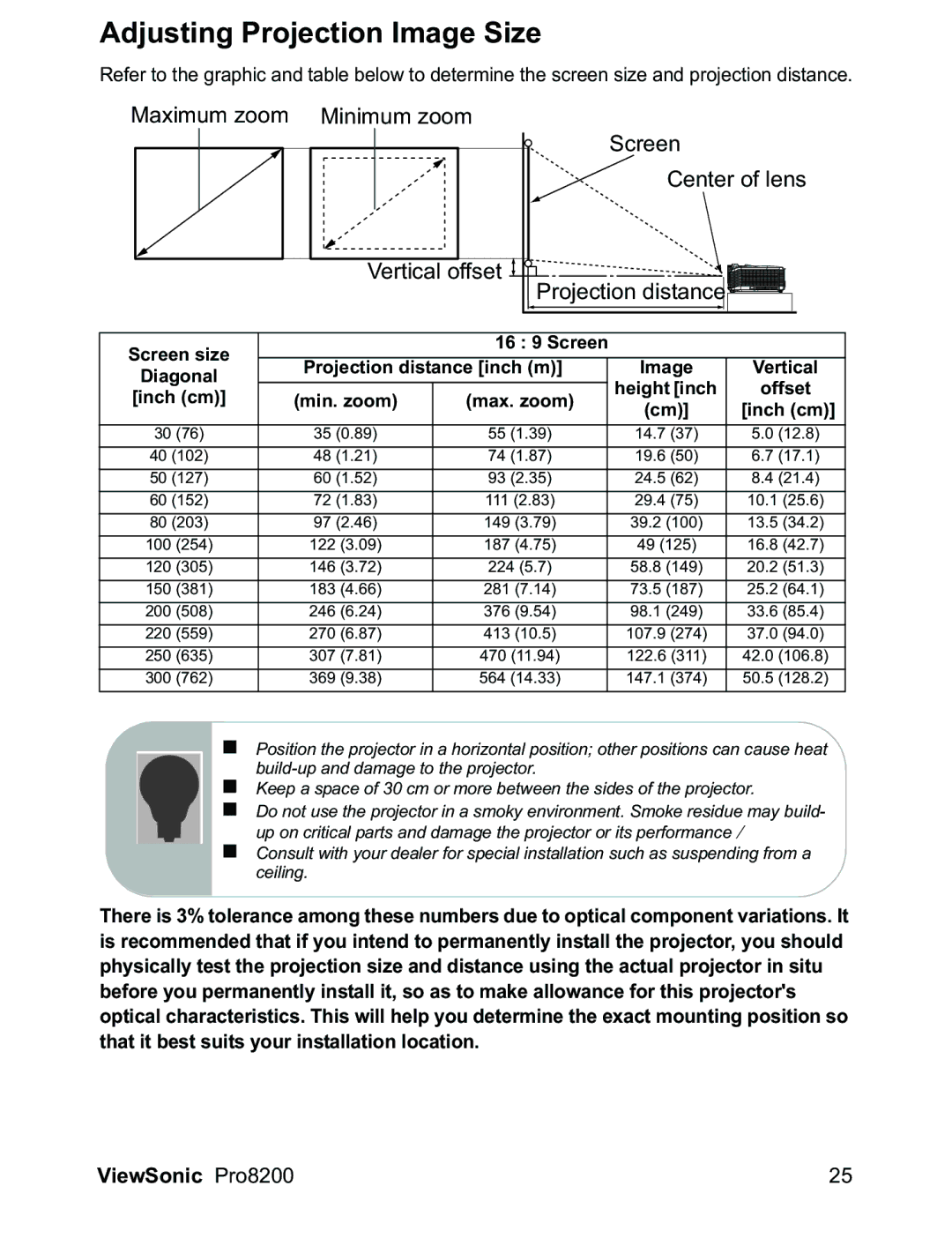 ViewSonic PRO8200 warranty Adjusting Projection Image Size, Projection distance 