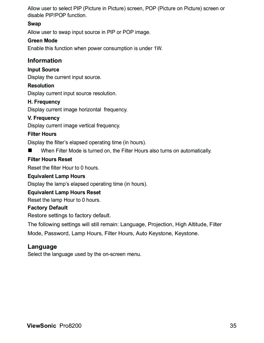 ViewSonic PRO8200 Green Mode, Input Source, Resolution, Filter Hours Reset, Equivalent Lamp Hours, Factory Default 