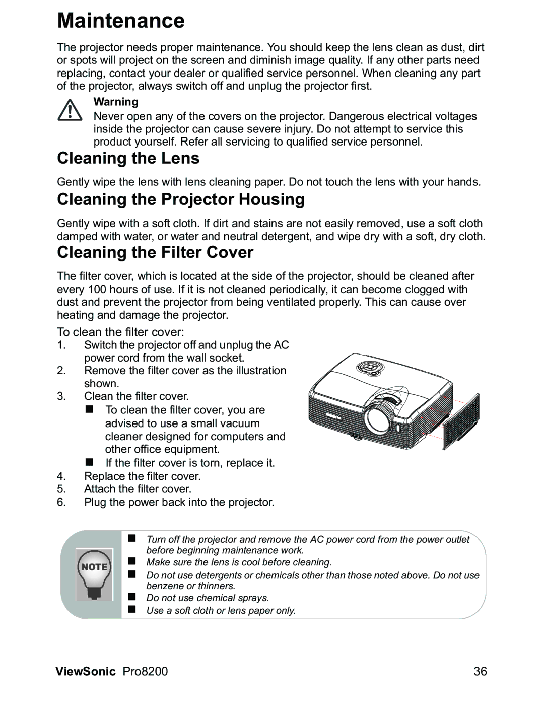 ViewSonic PRO8200 warranty Maintenance, Cleaning the Lens, Cleaning the Projector Housing, Cleaning the Filter Cover 