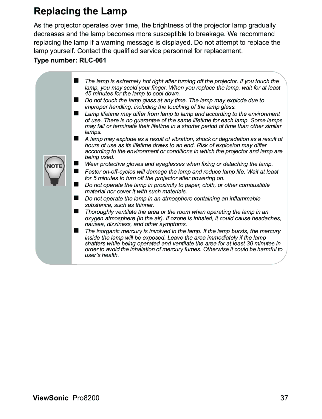 ViewSonic PRO8200 warranty Replacing the Lamp, Type number RLC-061 