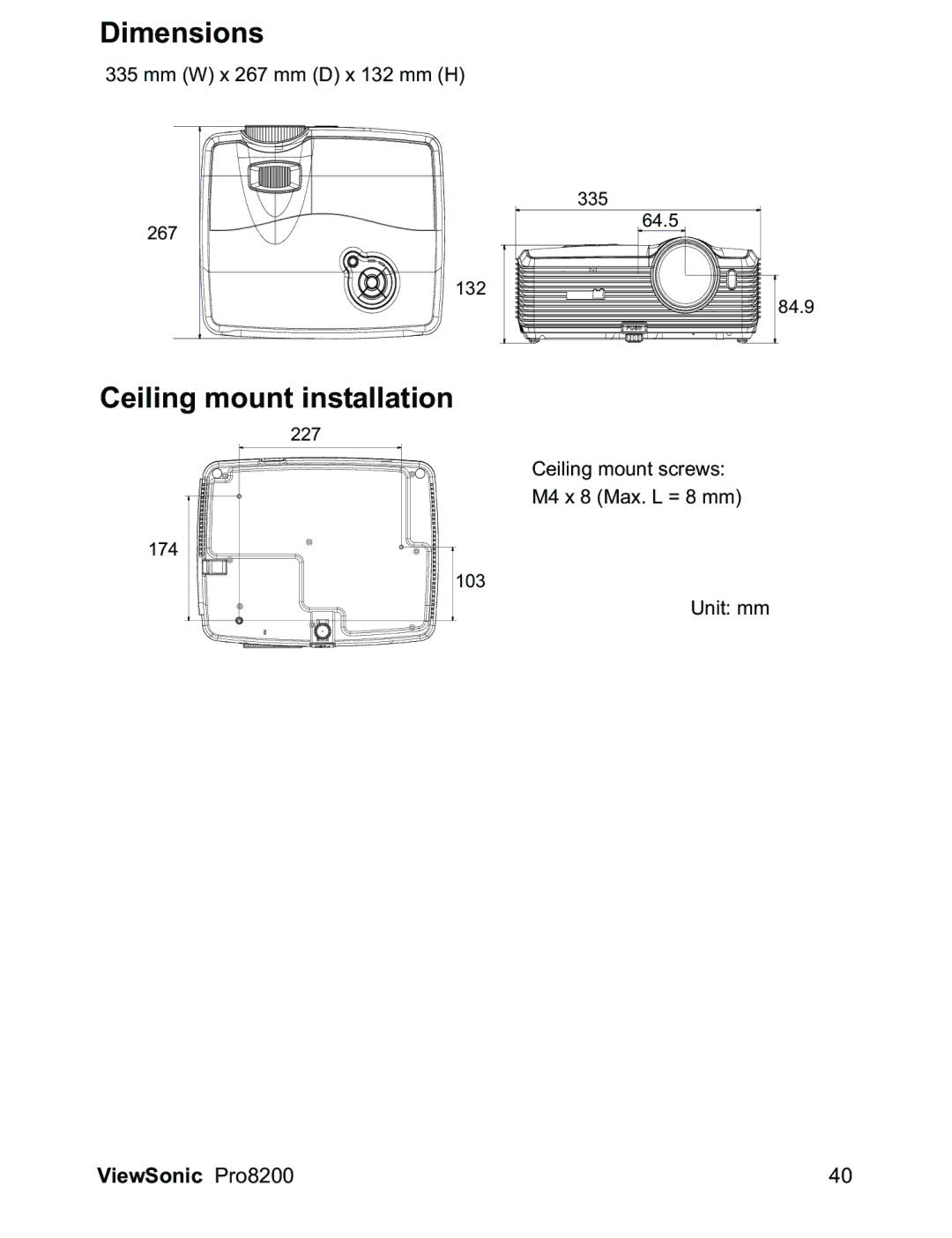 ViewSonic PRO8200 warranty Dimensions, Ceiling mount installation 