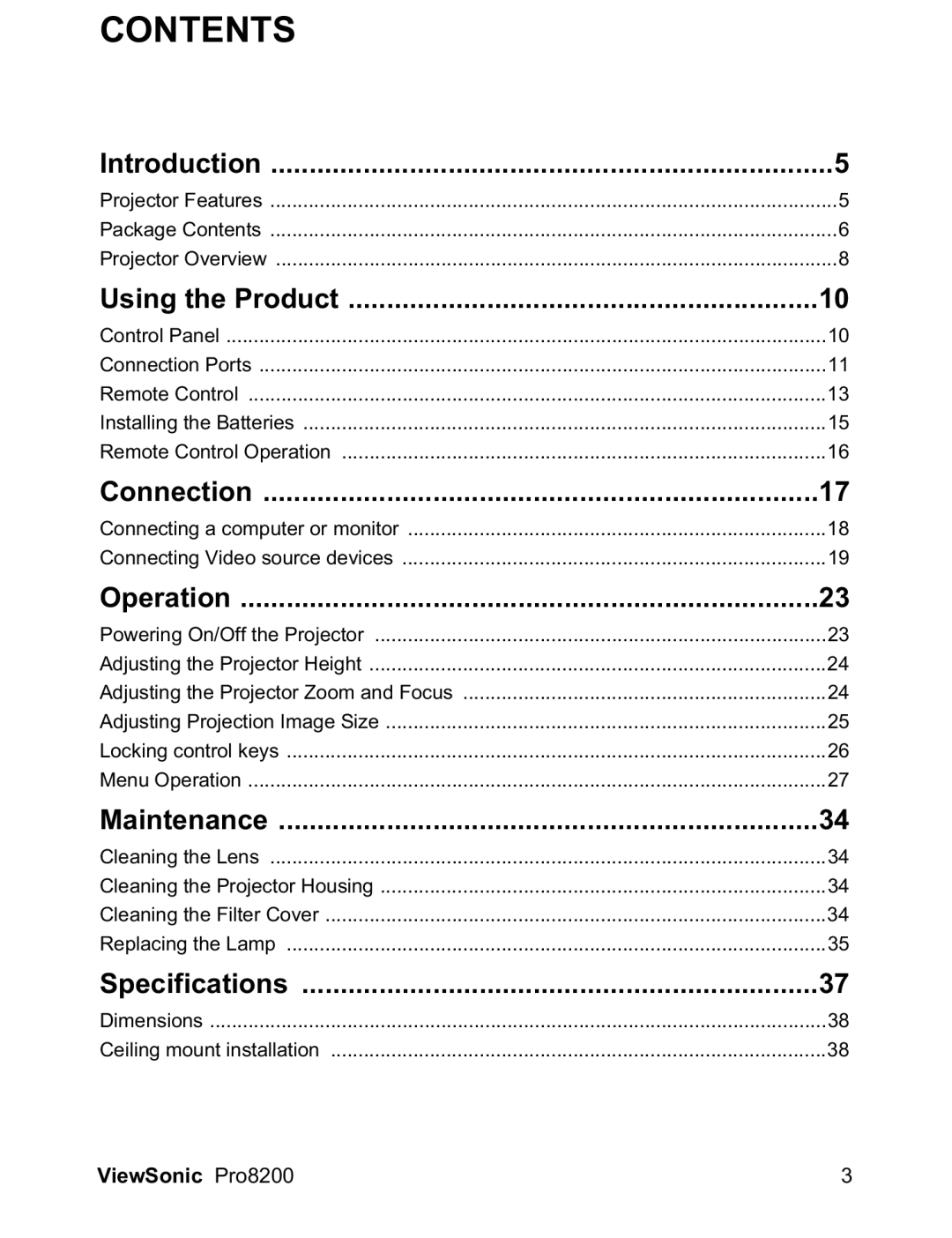 ViewSonic PRO8200 warranty Contents 