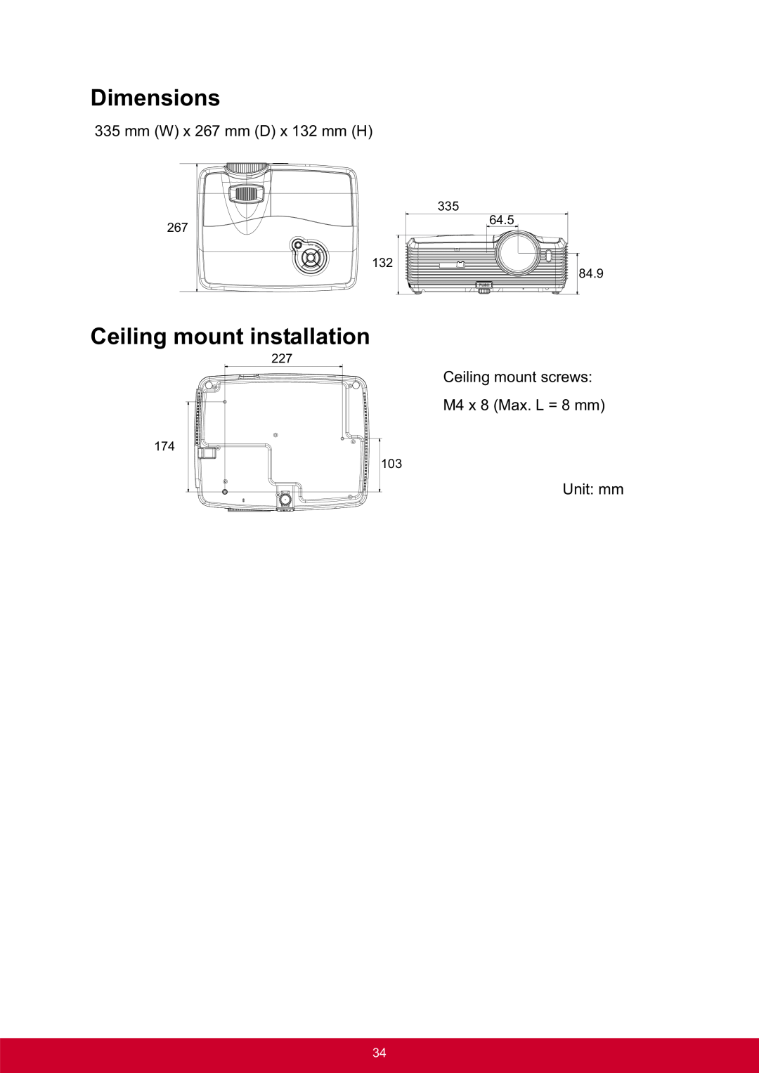 ViewSonic PRO8300 warranty Dimensions, Ceiling mount installation, mm W x 267 mm D x 132 mm H, Unit mm 