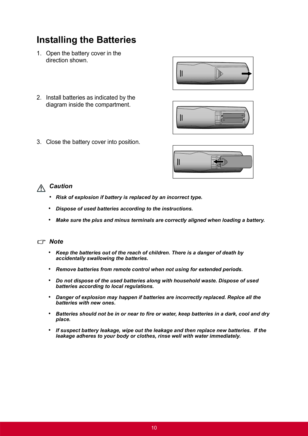 ViewSonic PRO8300 warranty Installing the Batteries, Close the battery cover into position 