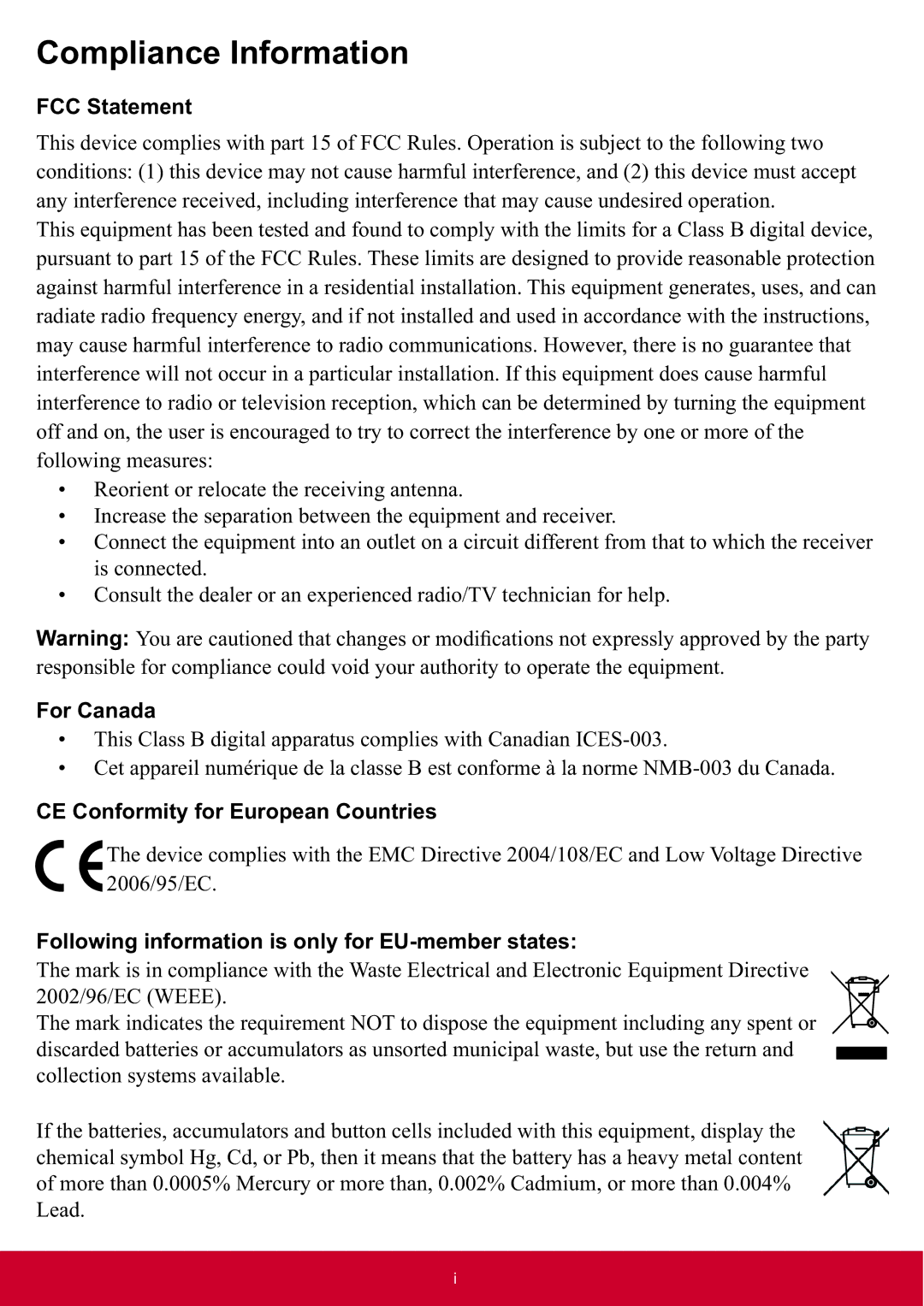 ViewSonic PRO8300 warranty FCC Statement, For Canada, CE Conformity for European Countries 