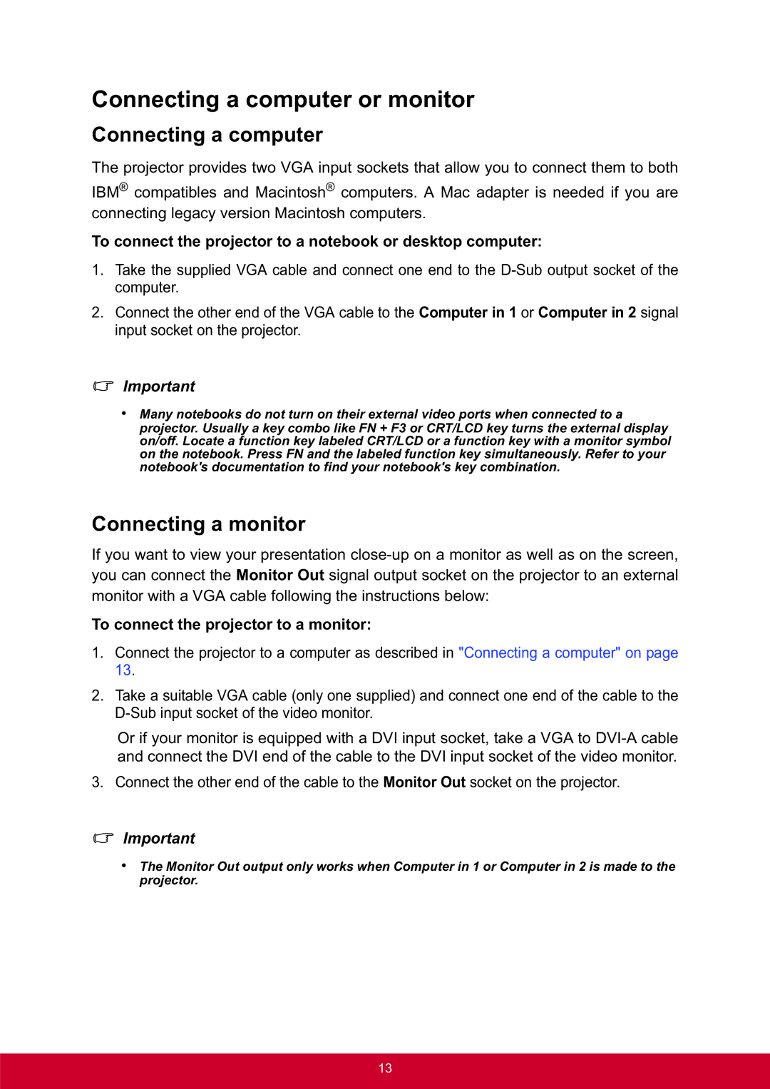 ViewSonic PRO8300 warranty Connecting a computer or monitor, Connecting a monitor, To connect the projector to a monitor 