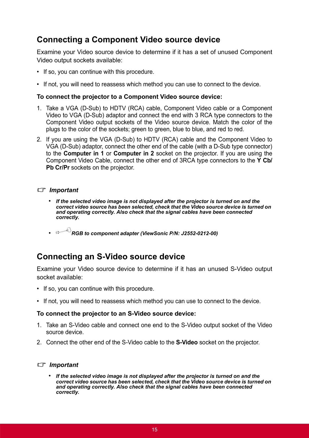 ViewSonic PRO8300 warranty Connecting a Component Video source device, Connecting an S-Video source device 