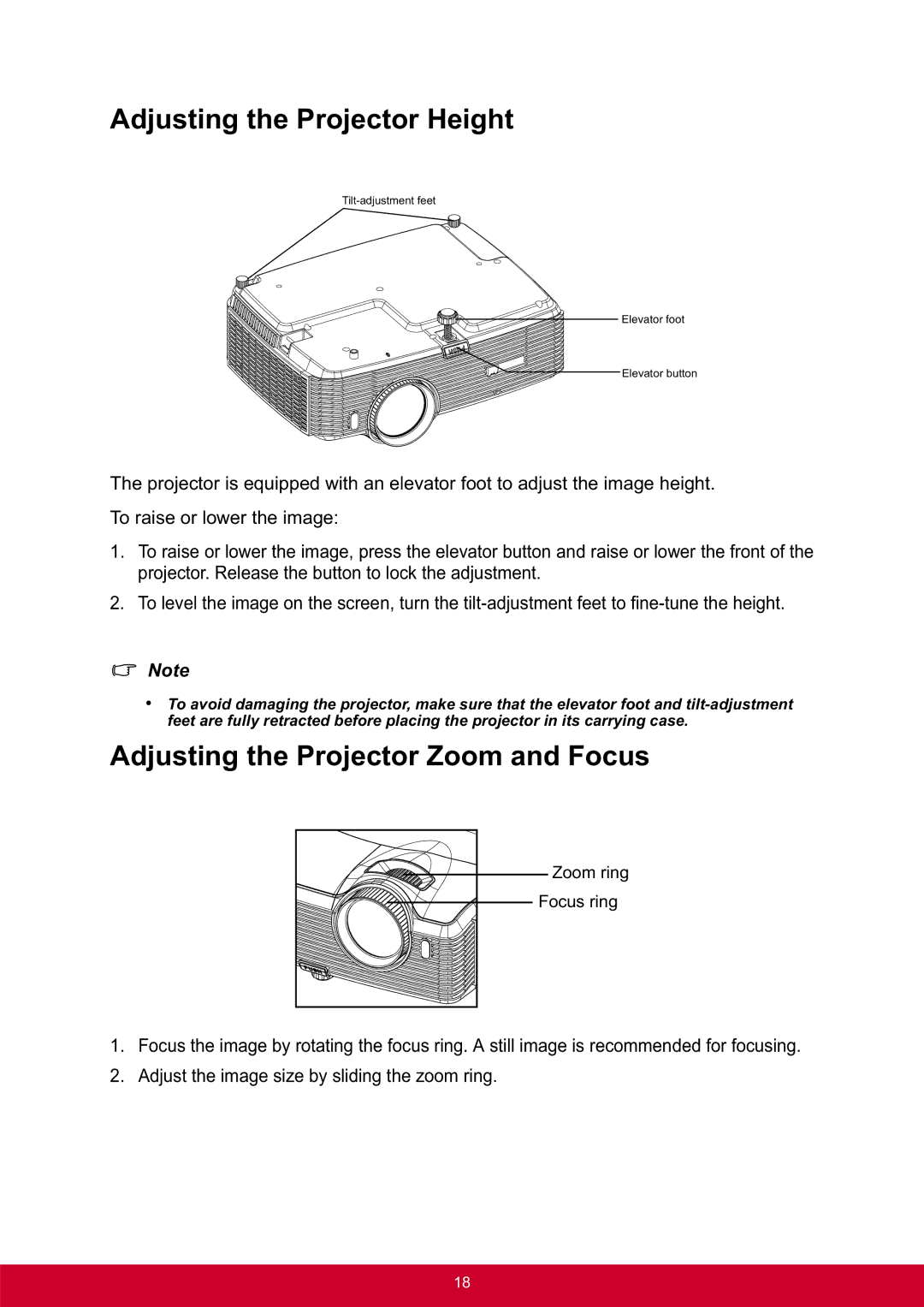 ViewSonic PRO8300 warranty Adjusting the Projector Height, Adjusting the Projector Zoom and Focus 