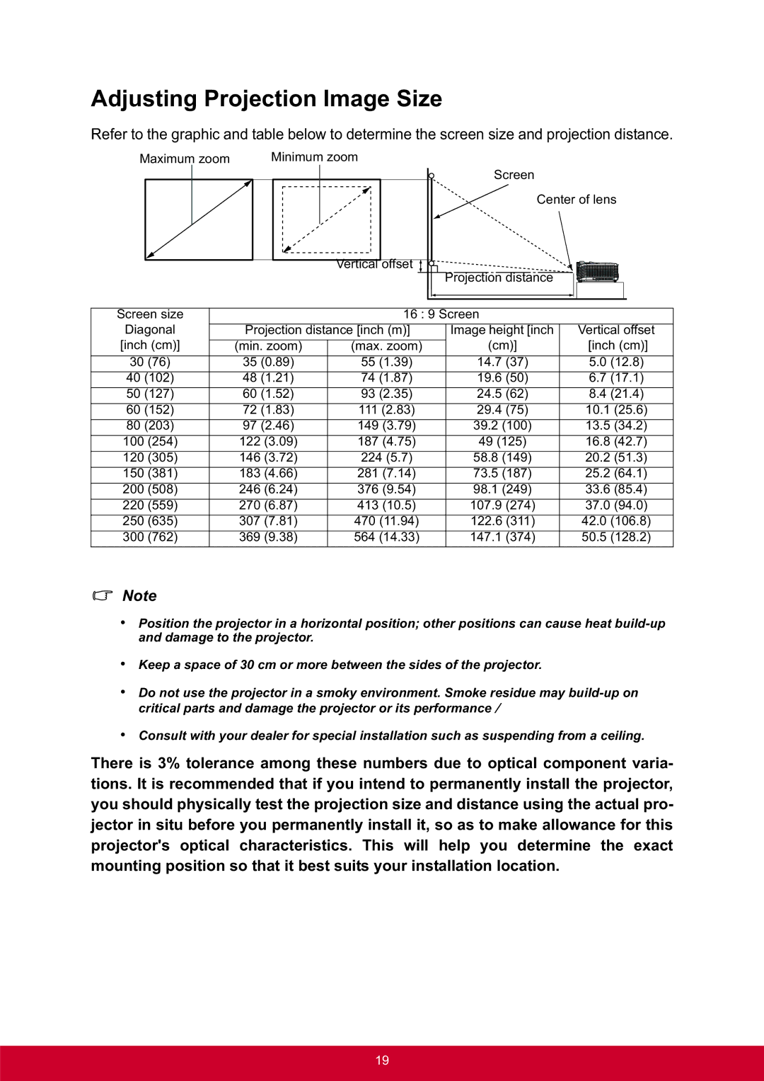 ViewSonic PRO8300 warranty Adjusting Projection Image Size 