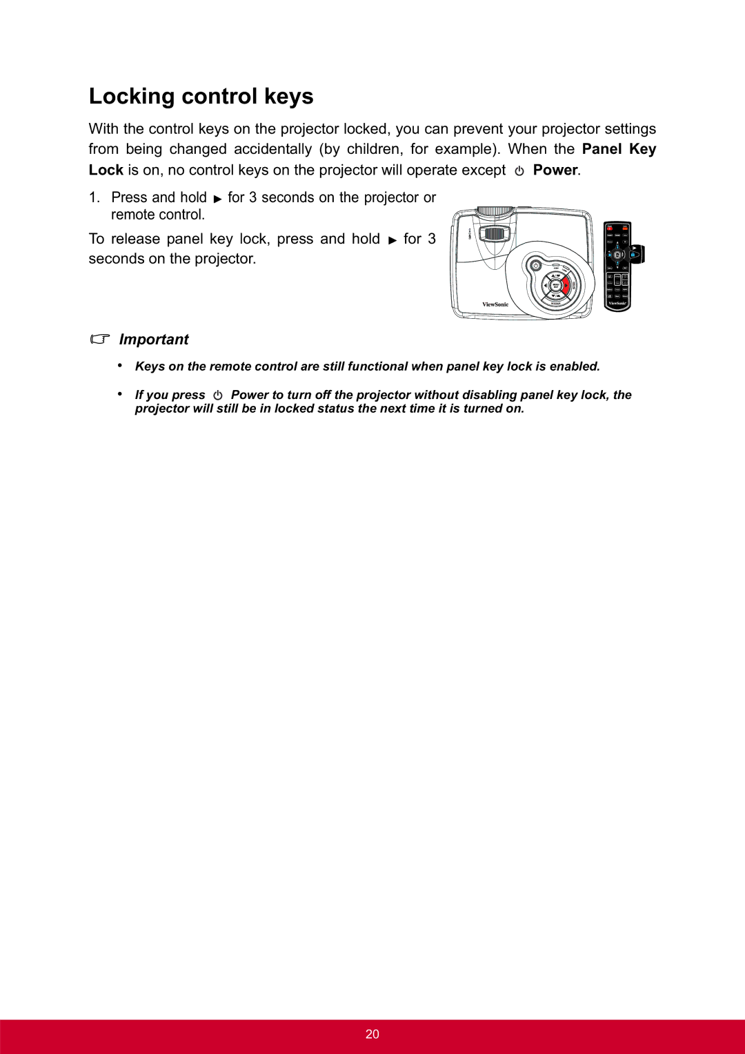 ViewSonic PRO8300 warranty Locking control keys 