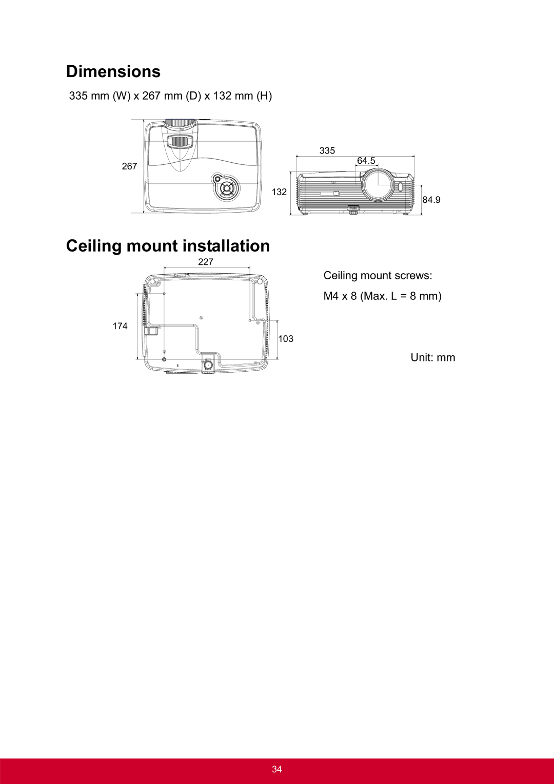 ViewSonic PRO8300 warranty Dimensions, Ceiling mount installation 