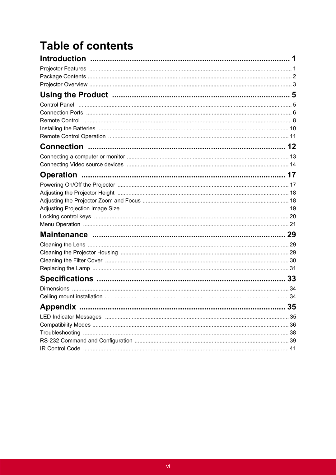 ViewSonic PRO8300 warranty Table of contents 