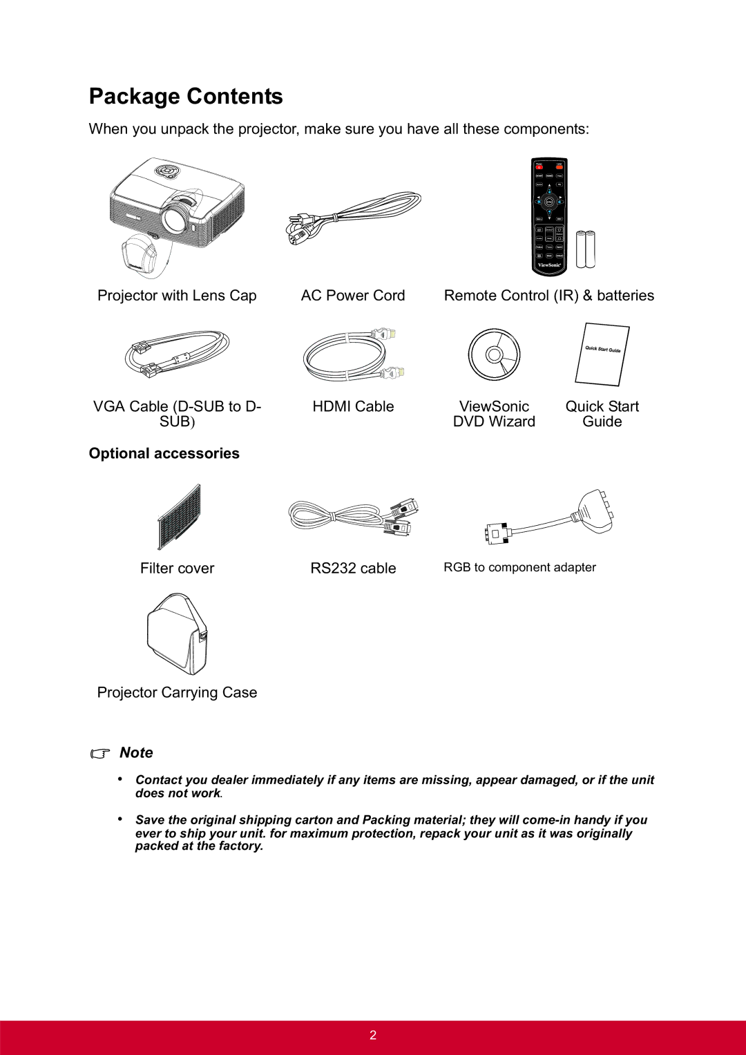 ViewSonic PRO8300 warranty Package Contents 