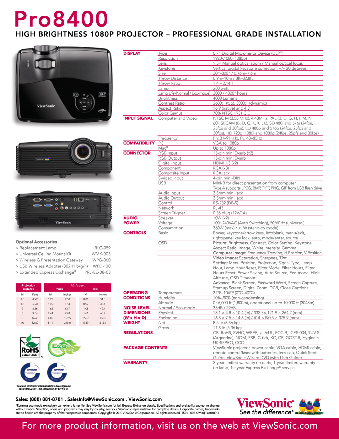 ViewSonic PRO8400 manual Pro8400, Optional Accessories 
