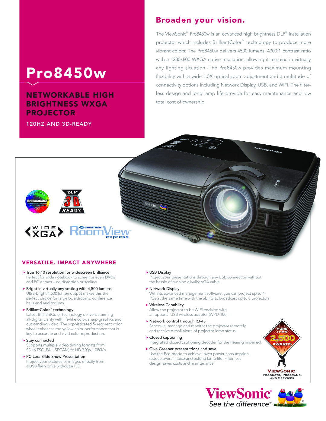 ViewSonic PRO8450W manual Pro8450w, Broaden your vision, Networkable High Brightness Wxga Projector, 120HZ AND 3D-READY 