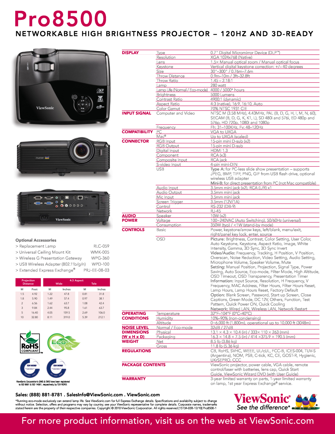 ViewSonic PRO8500 manual Pro8500, For more product information, visit us on the web at ViewSonic.com, Optional Accessories 