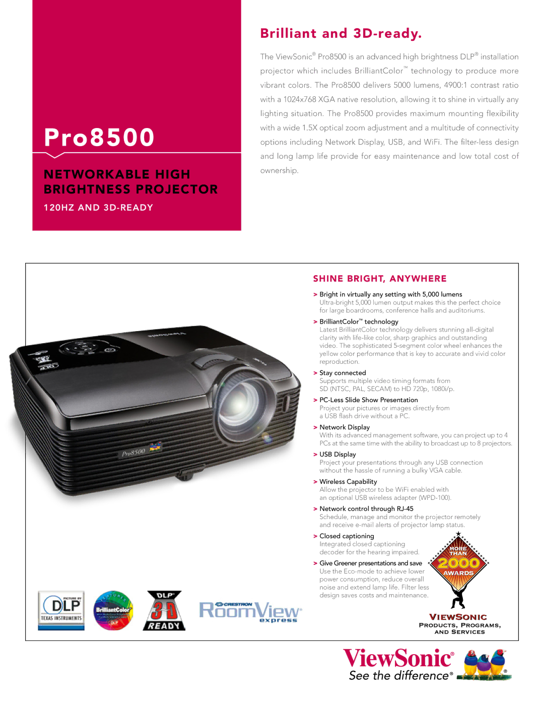 ViewSonic PRO8500 manual BrilliantColor technology, Stay connected, PC-Less Slide Show Presentation, Network Display 