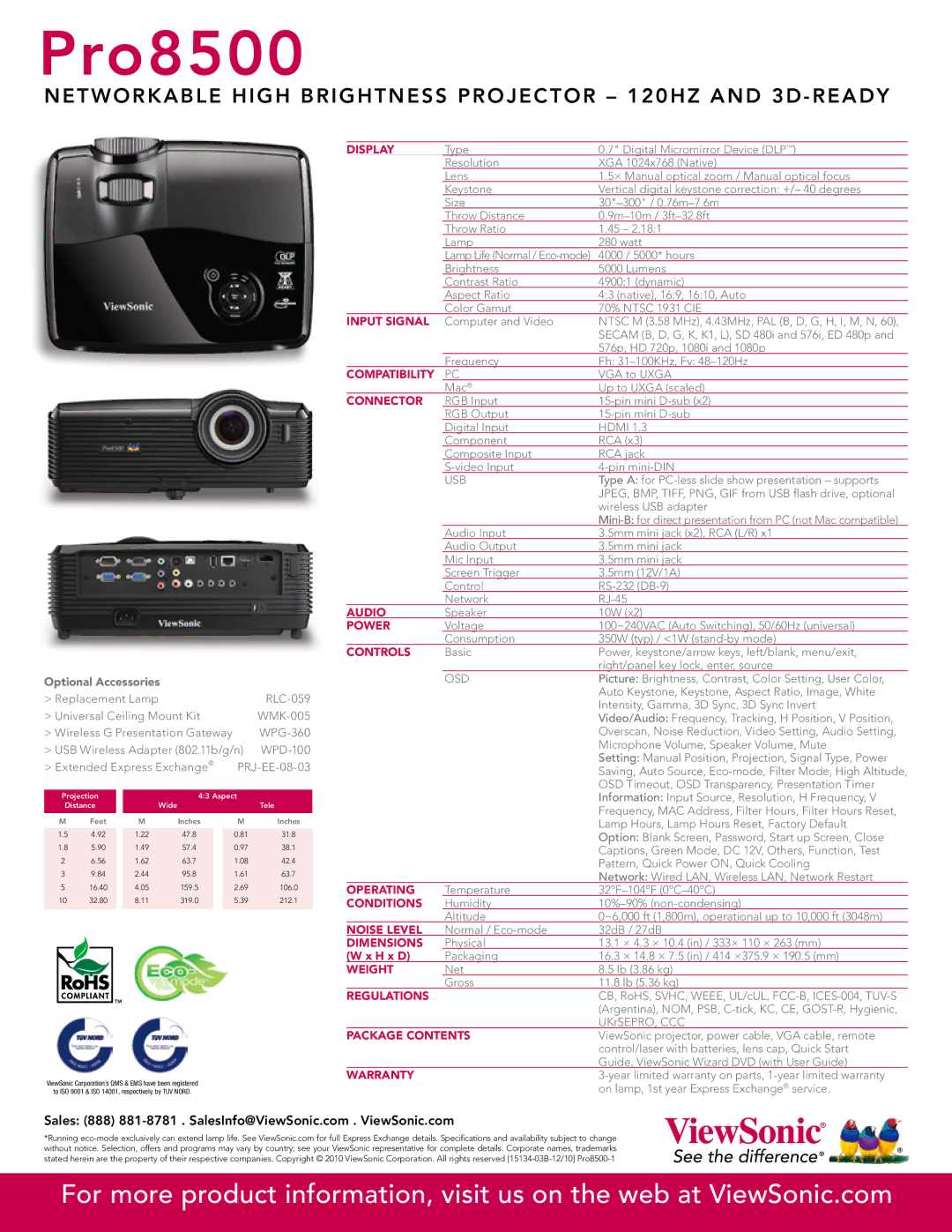 ViewSonic PRO8500 Display, Input Signal, Compatibility, Connector, Audio, Power, Controls, Operating, Conditions, Weight 