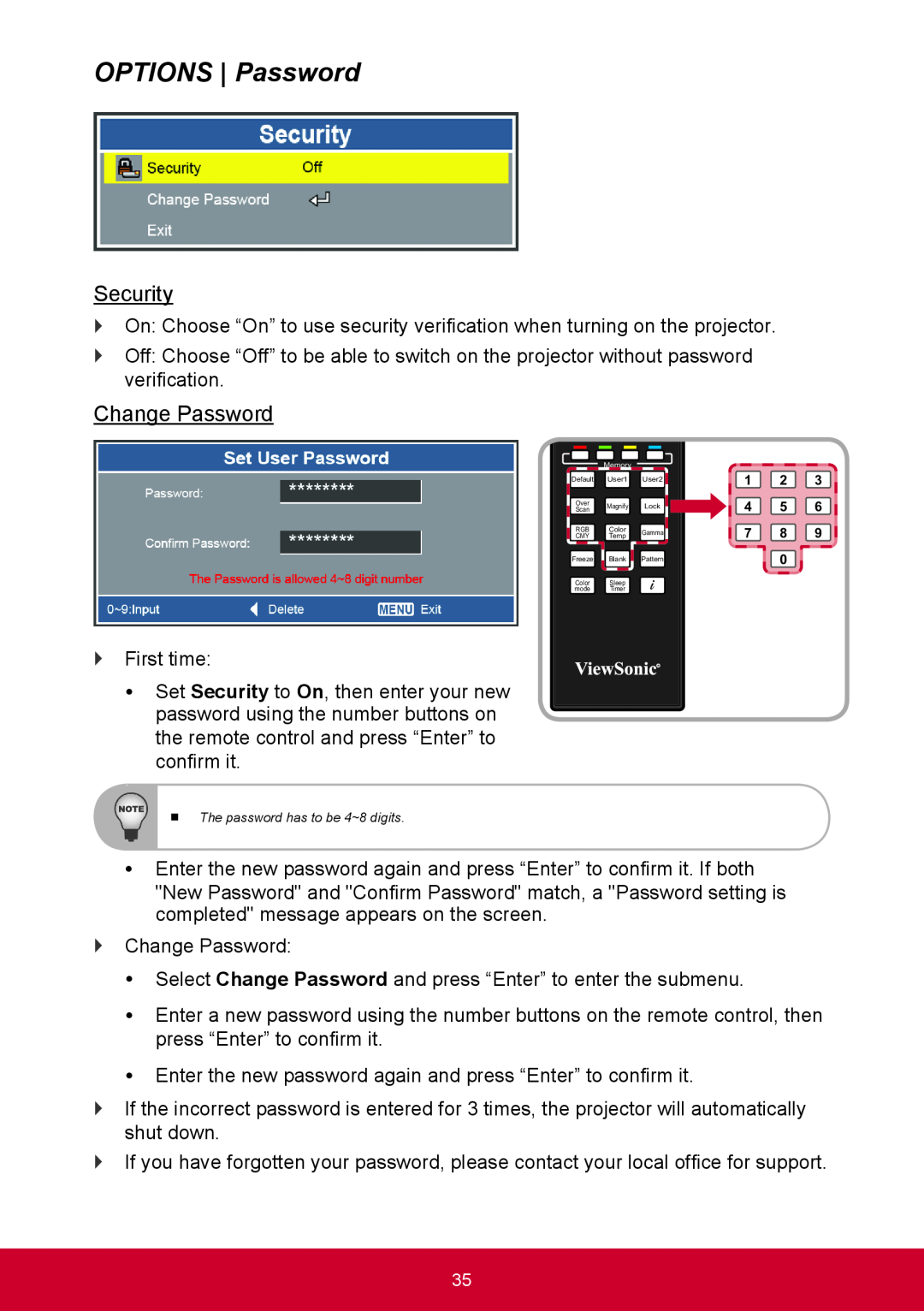 ViewSonic PRO9000 warranty OPTIONS Password, Security, Change Password 