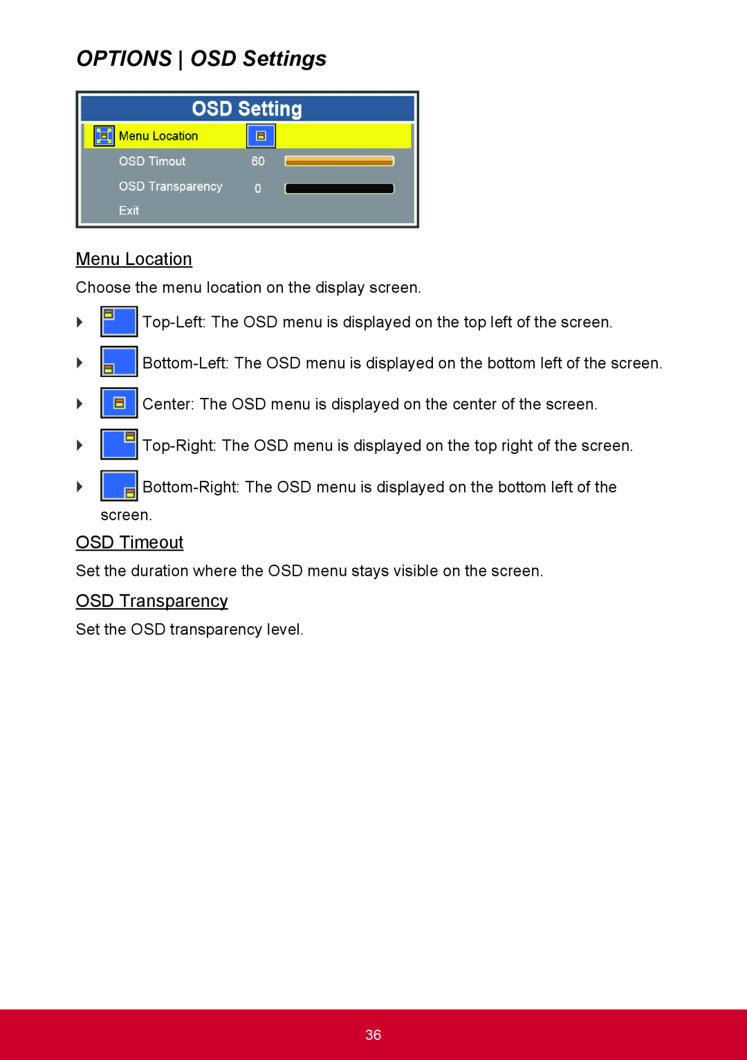 ViewSonic PRO9000 warranty OPTIONS OSD Settings, Menu Location, OSD Timeout, OSD Transparency 
