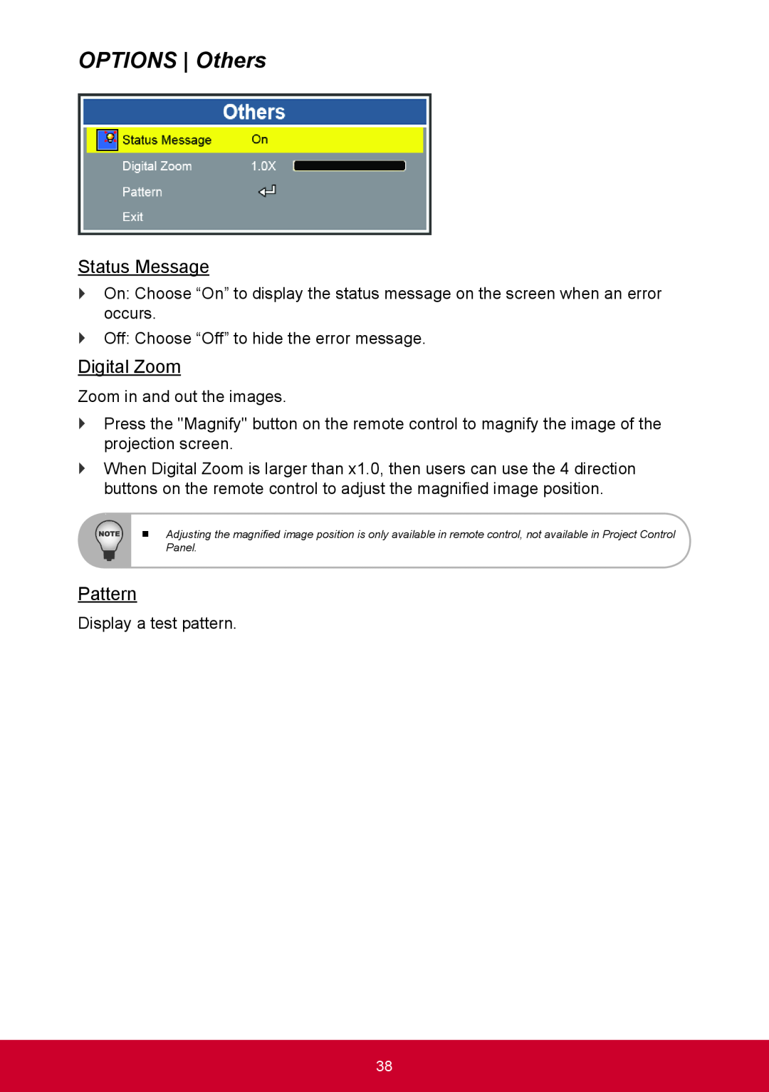 ViewSonic PRO9000 warranty OPTIONS Others, Status Message, Digital Zoom, Pattern 