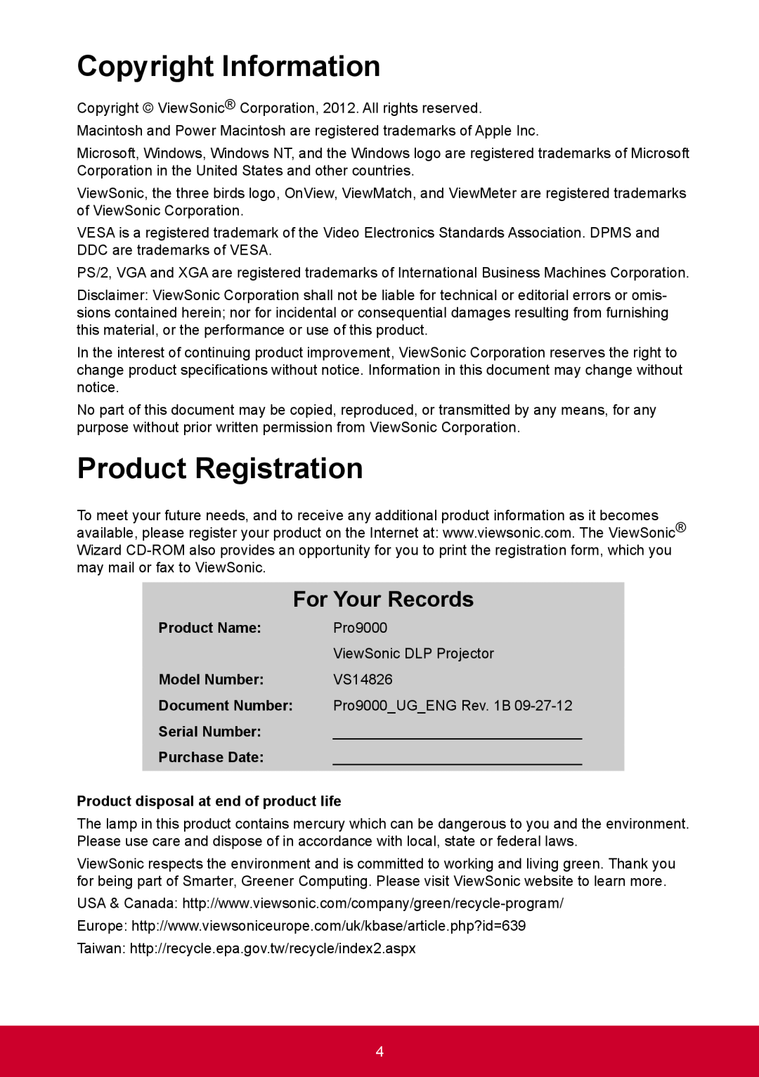 ViewSonic PRO9000 warranty Copyright Information, Product Registration, For Your Records 
