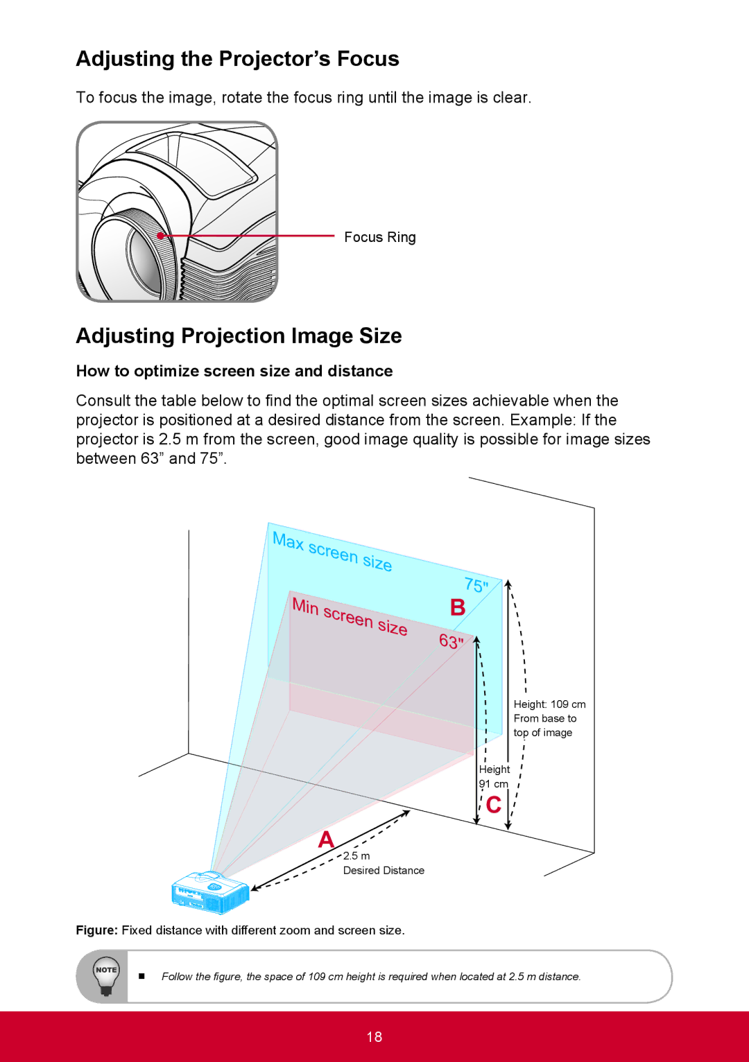 ViewSonic PRO9000 warranty Adjusting the Projector’s Focus, Adjusting Projection Image Size 