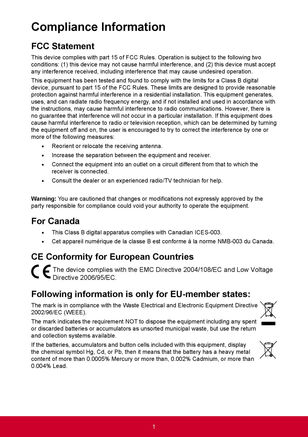 ViewSonic PRO9000 warranty FCC Statement, For Canada, CE Conformity for European Countries 