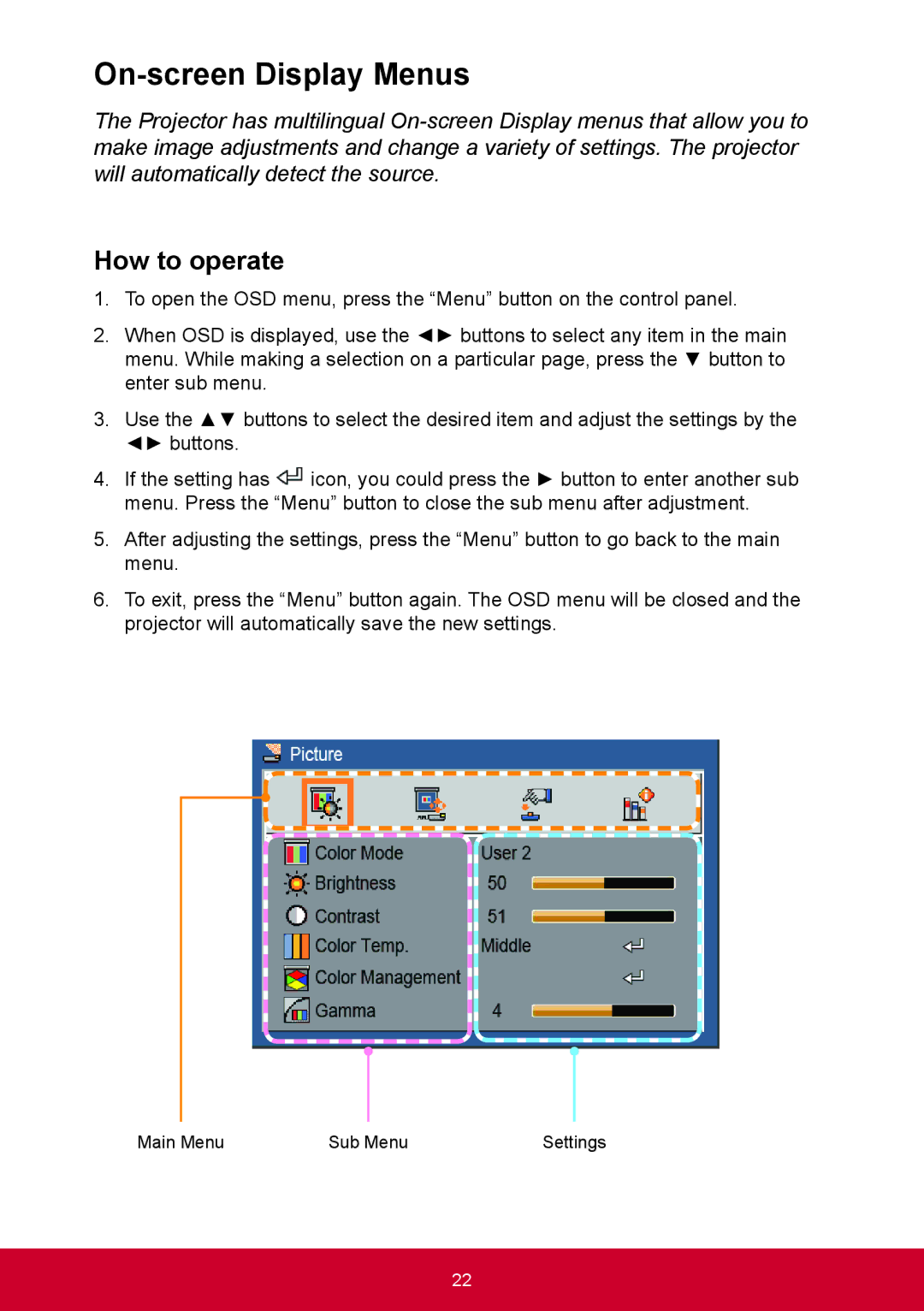 ViewSonic PRO9000 warranty On-screen Display Menus, How to operate 