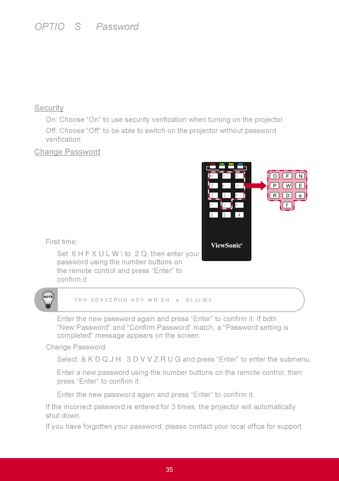 ViewSonic PRO9000 warranty Options Password, Security, Change Password 