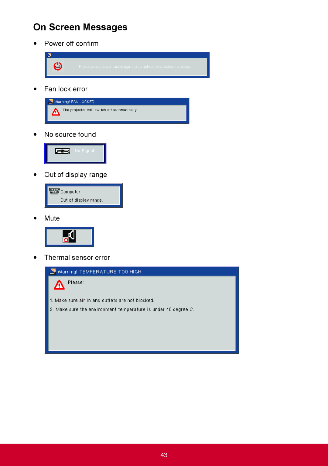 ViewSonic PRO9000 warranty On Screen Messages 