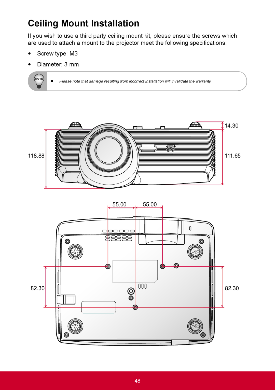 ViewSonic PRO9000 warranty Ceiling Mount Installation, Yy Screw type M3 Yy Diameter 3 mm 