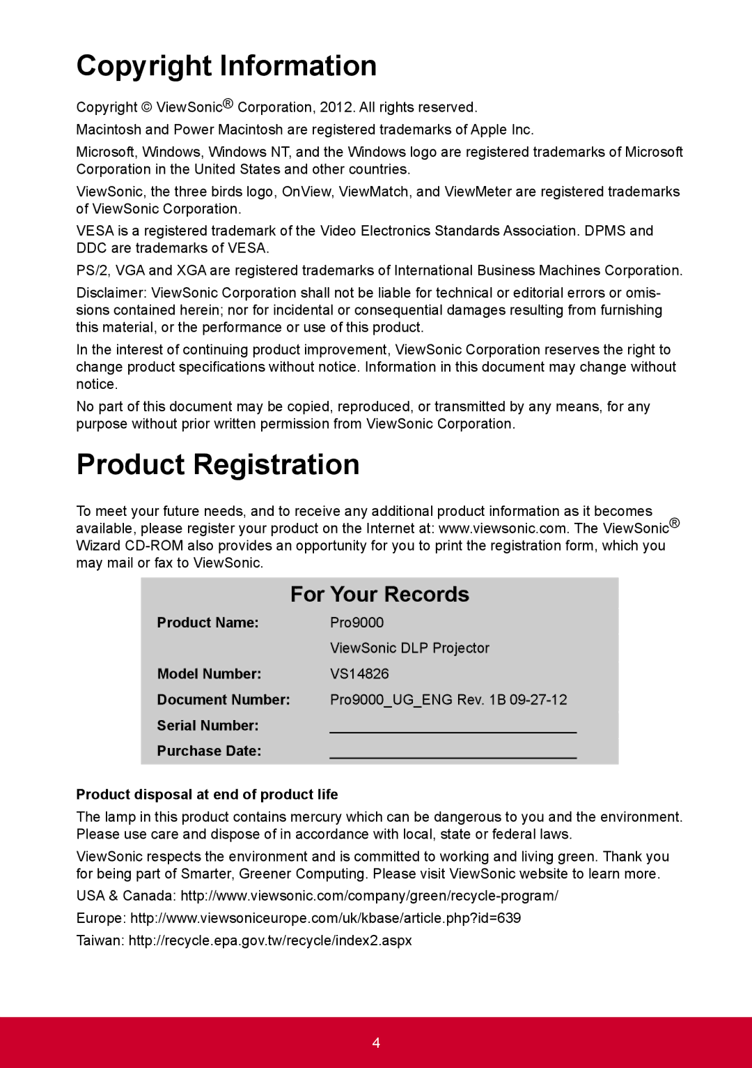 ViewSonic PRO9000 warranty Copyright Information, For Your Records 