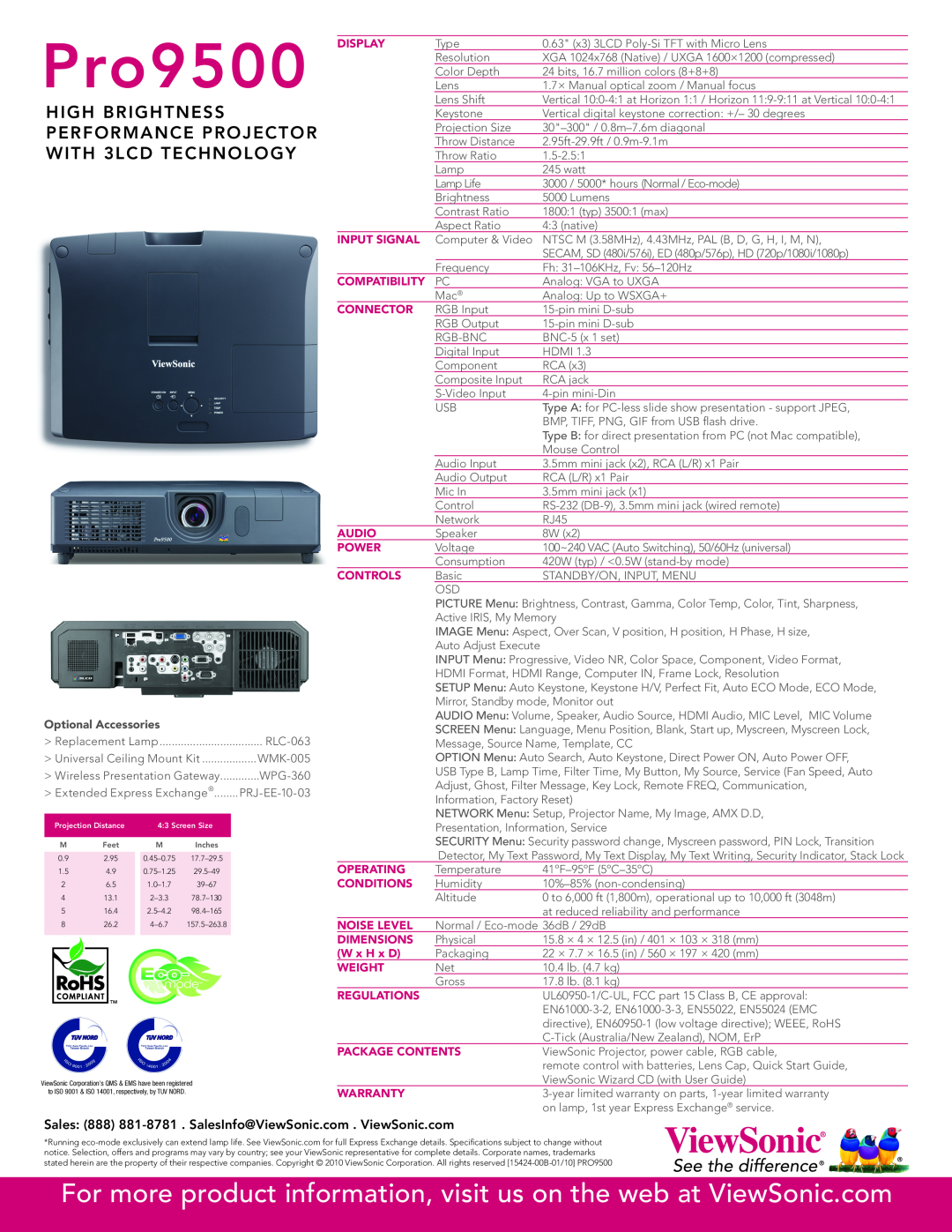 ViewSonic PRO9500 manual Pro9500, Optional Accessories 