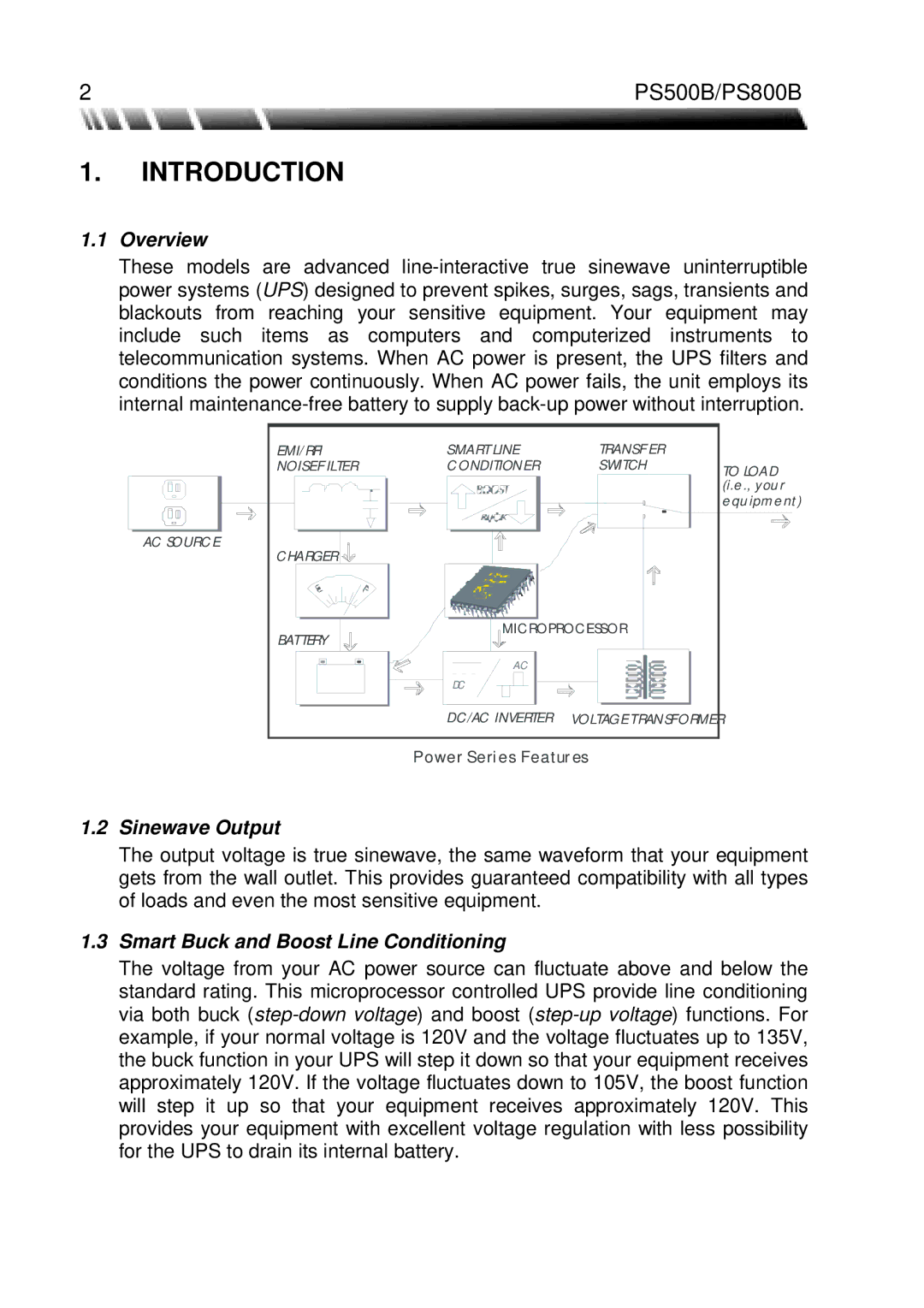 ViewSonic PS800B, PS500B manual Introduction, Overview, Sinewave Output, Smart Buck and Boost Line Conditioning 