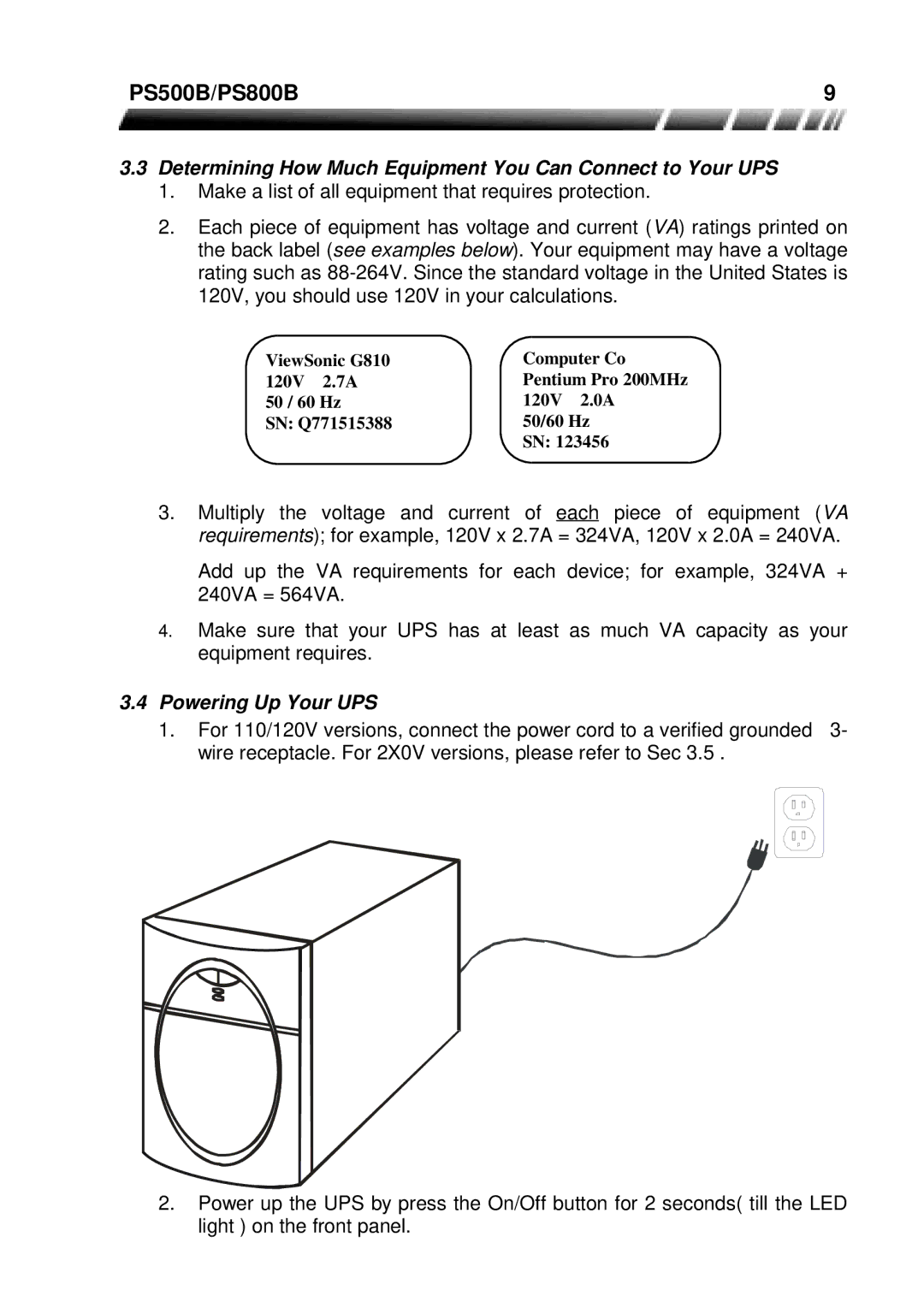 ViewSonic PS500B, PS800B manual Determining How Much Equipment You Can Connect to Your UPS, Powering Up Your UPS 