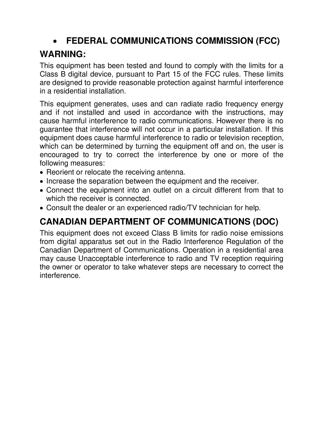 ViewSonic PS500B, PS800B manual Federal Communications Commission FCC Warning, Canadian Department of Communications DOC 