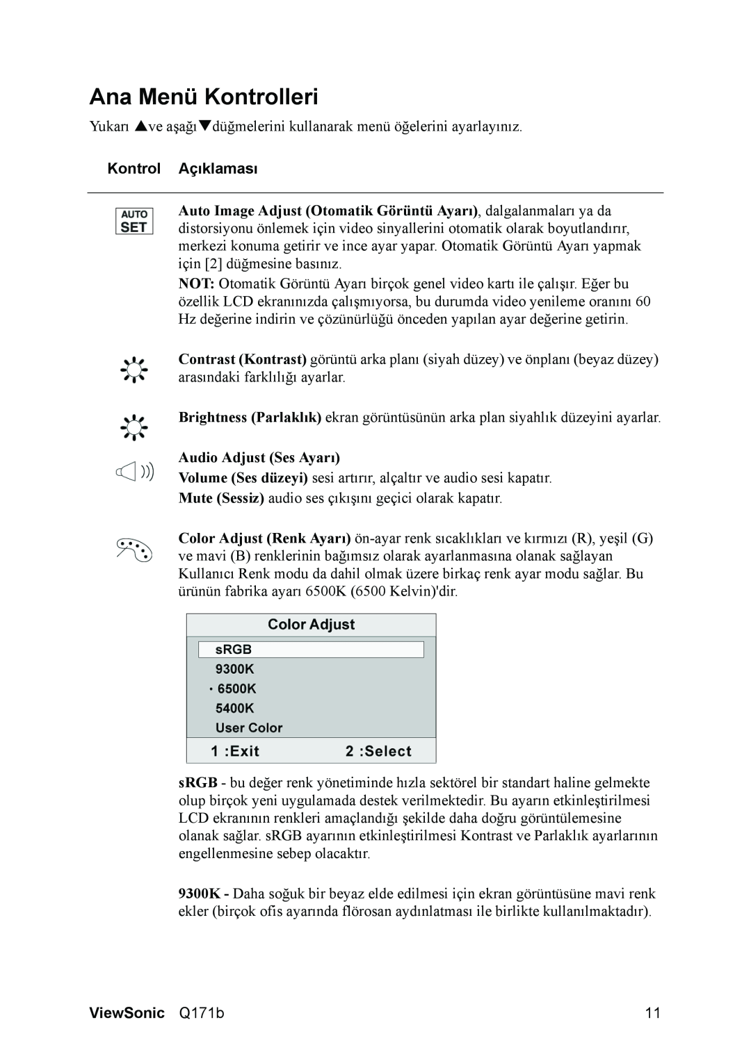 ViewSonic Q171B manual Ana Menü Kontrolleri, Kontrol Açıklaması, ViewSonic Q171b 