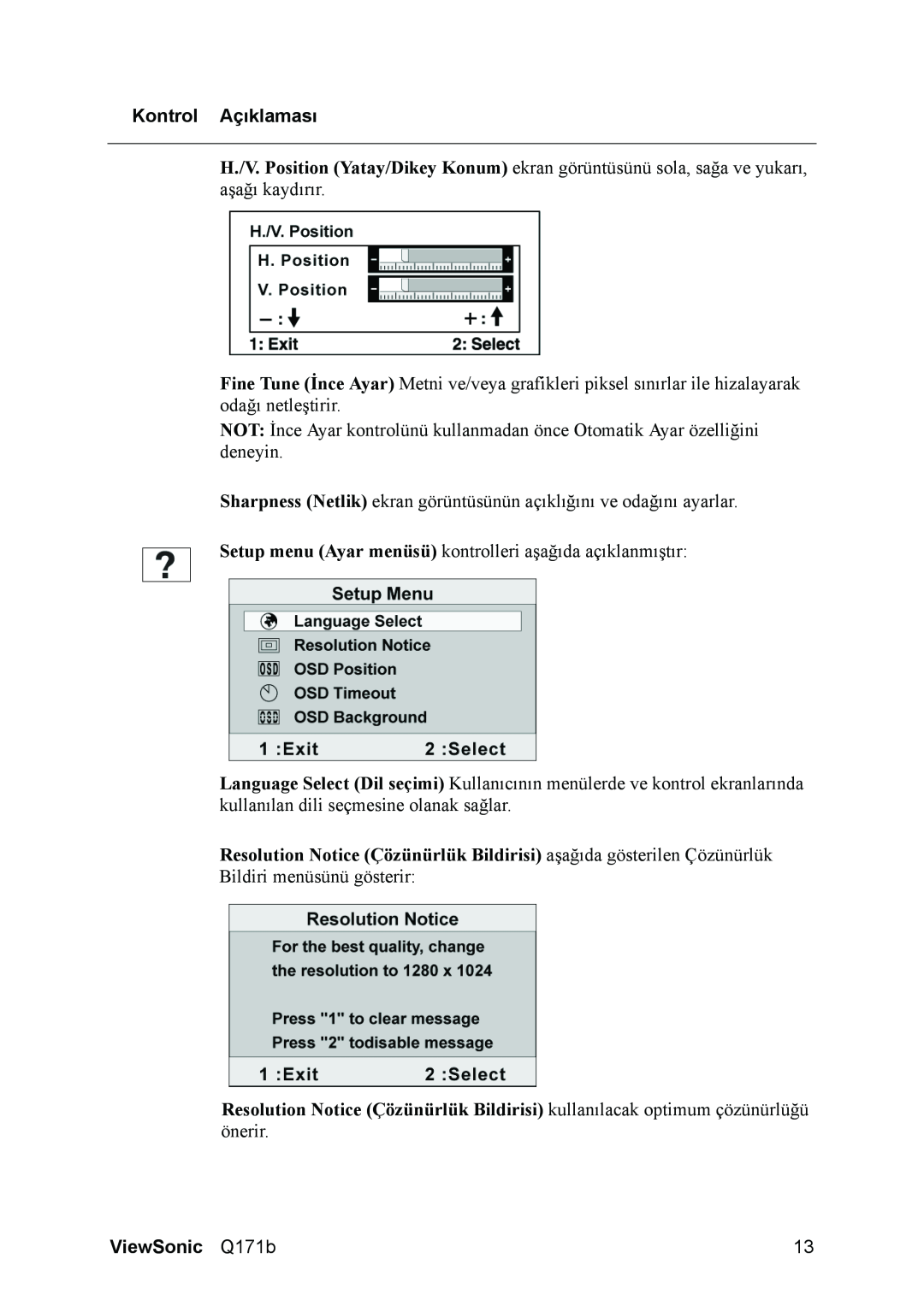 ViewSonic Q171B manual Kontrol Açıklaması, ViewSonic Q171b 