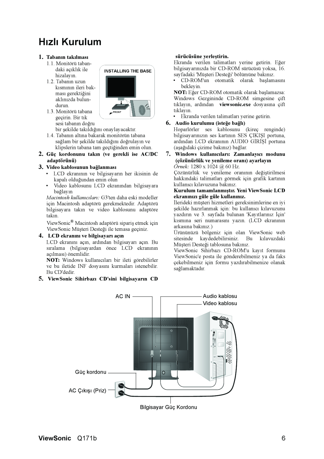 ViewSonic Q171B manual Hızlı Kurulum, ViewSonic Q171b 