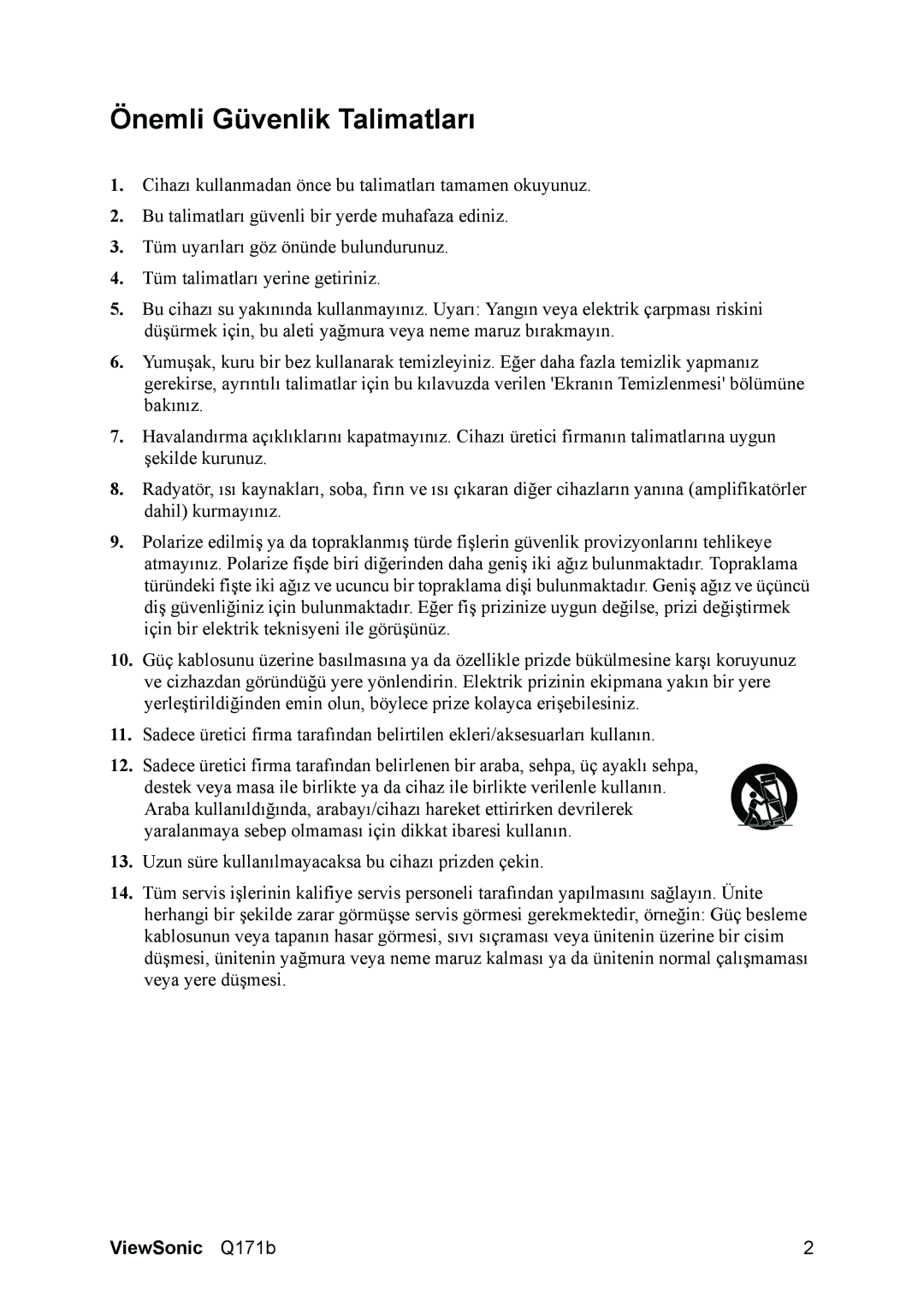 ViewSonic Q171B manual Önemli Güvenlik Talimatları 